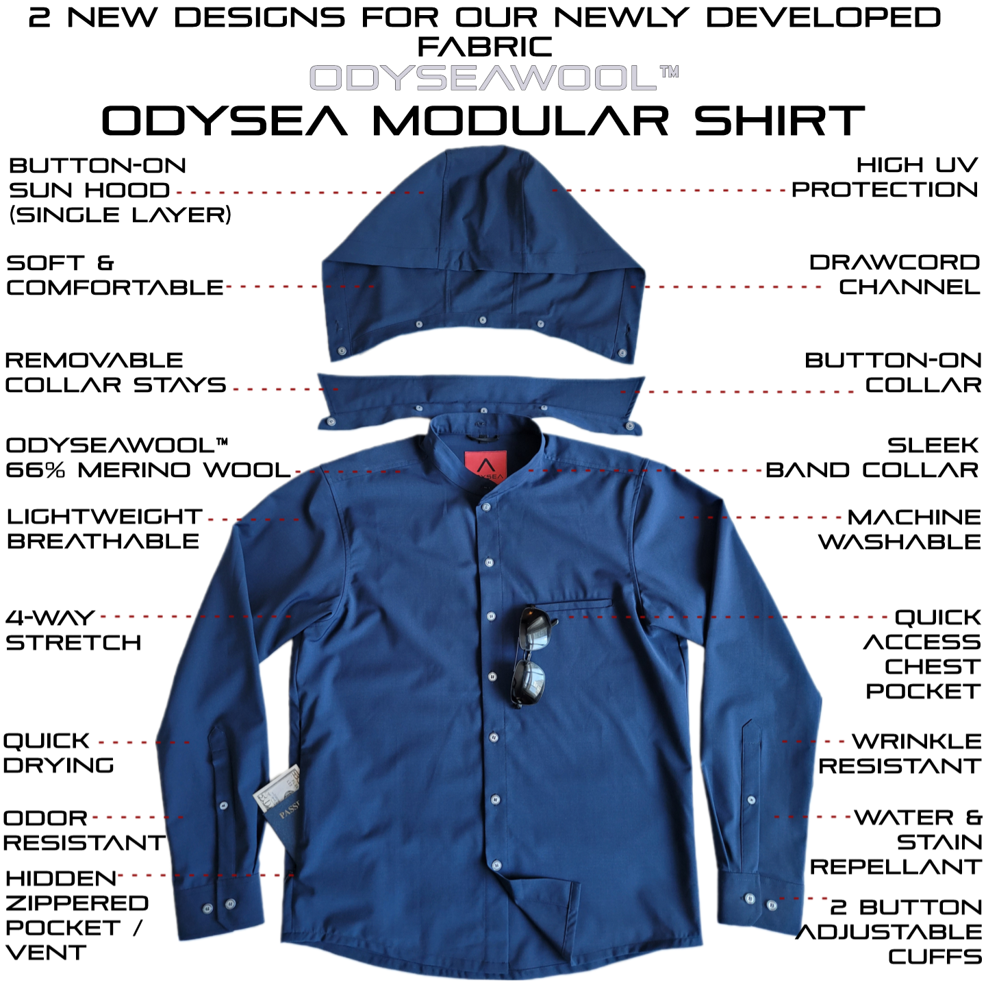 Modular Collar Shirt - Merino Wool - Cool Gray/Ice/Blue