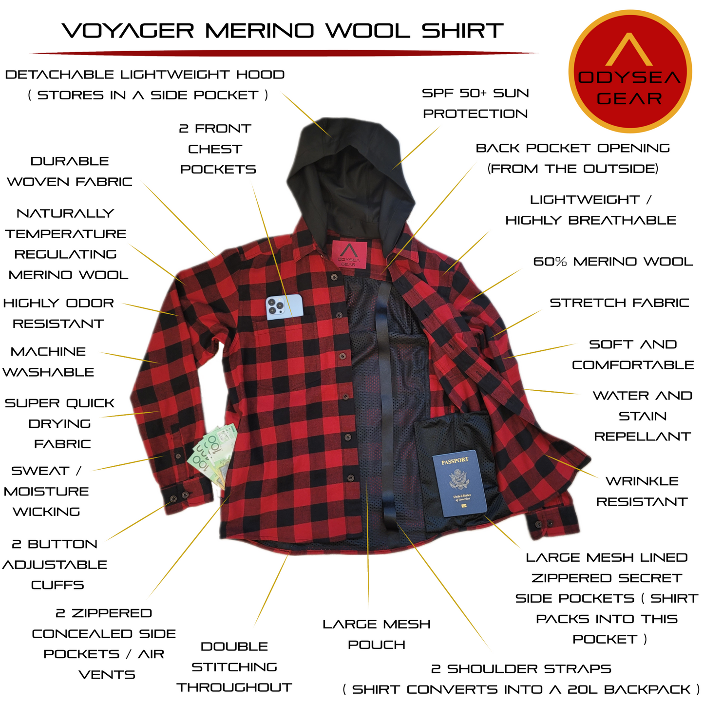 Voyager - Merino Wool Shirt ( Removable Hood )